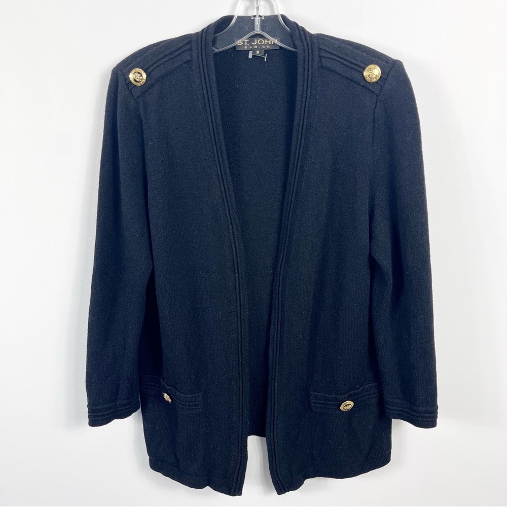 St. John Basics Santana Knit Open Front Blazer Size Medium Black Gold